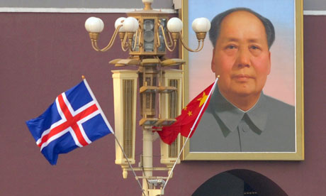China in Arctic :  Iceland flag on Tiananmen square during visit of  Johanna Sigurdardottir